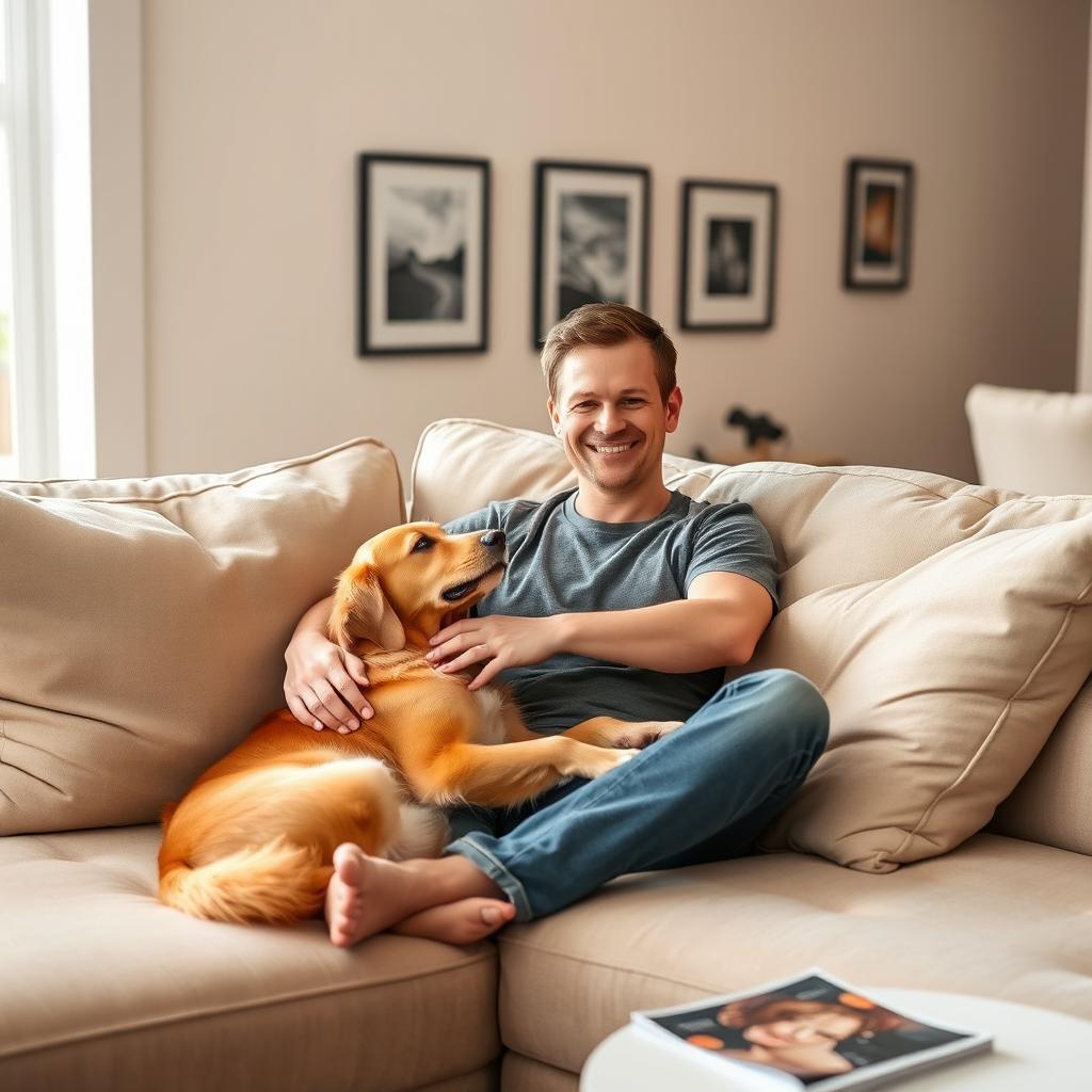 A cozy living room scene featuring a man sitting comfortably on a plush sofa, gently petting his medium-sized dog that is snuggled up beside him