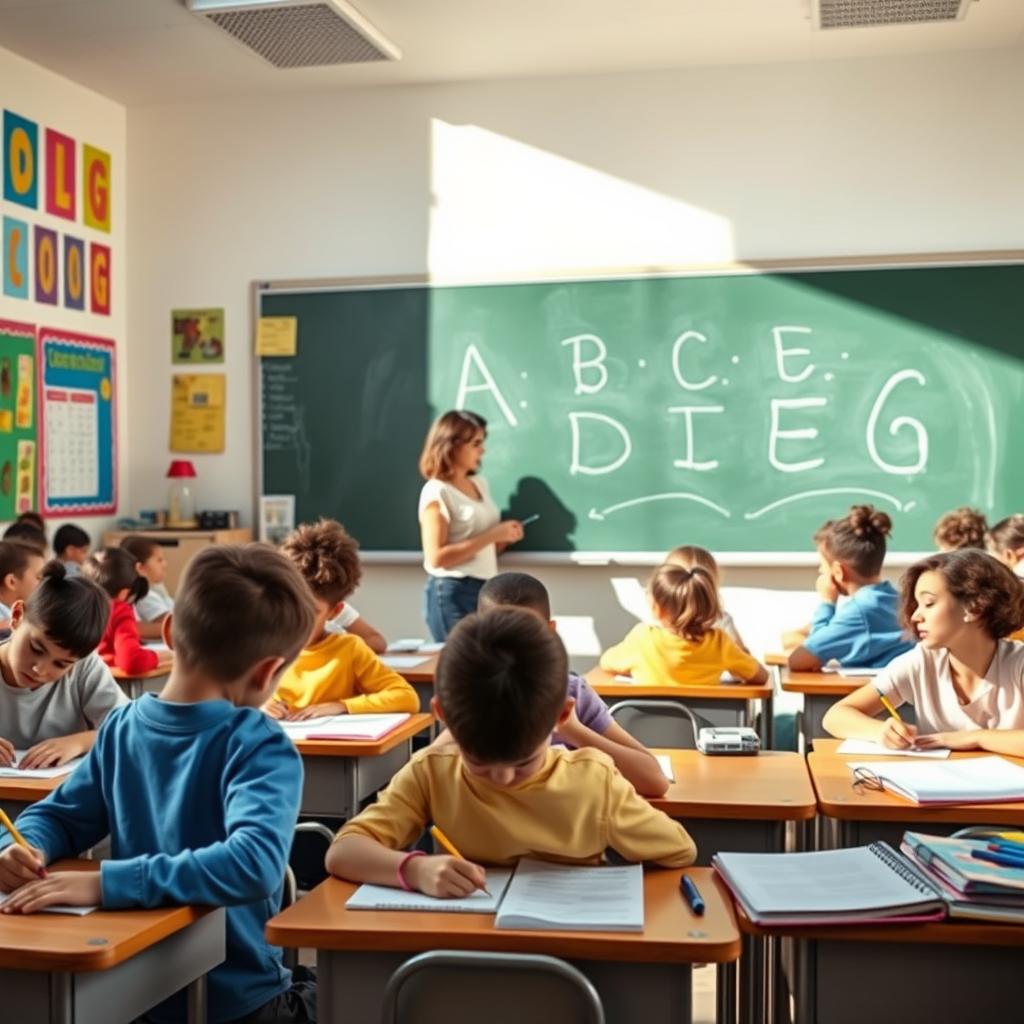 A bright and engaging classroom scene featuring a diverse group of students diligently writing in their notebooks