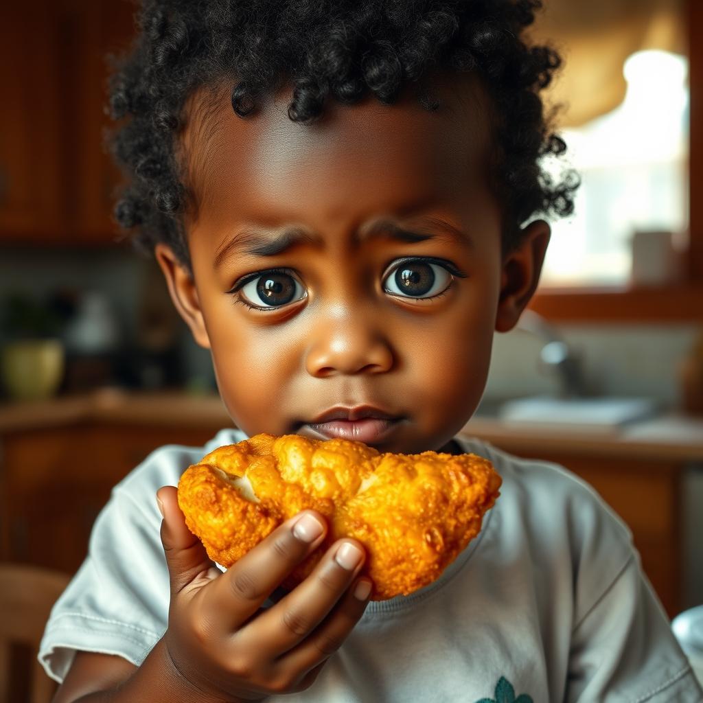 A young child with dark skin, tearfully holding a piece of fried chicken in their hand