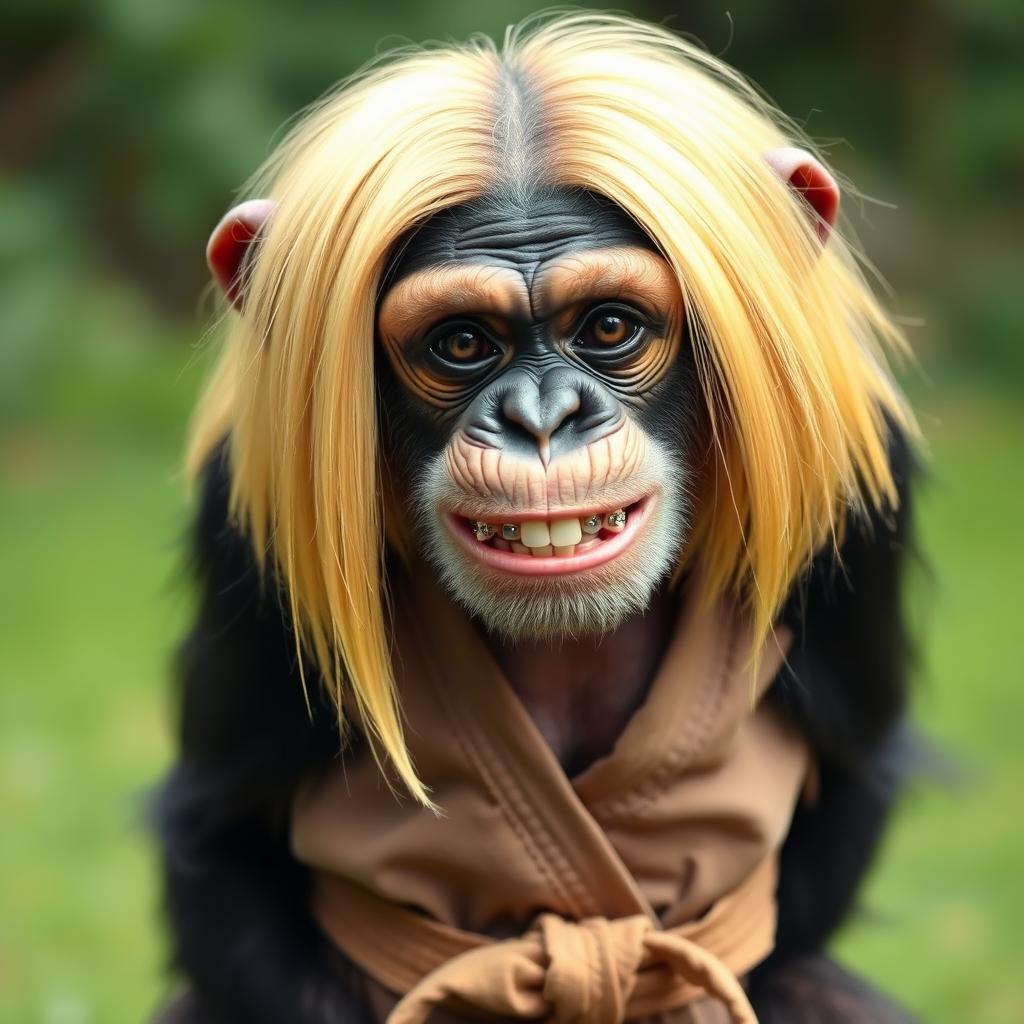 A chimpanzee with the face of a teenage boy featuring long, smooth blonde hair that reaches the shoulders