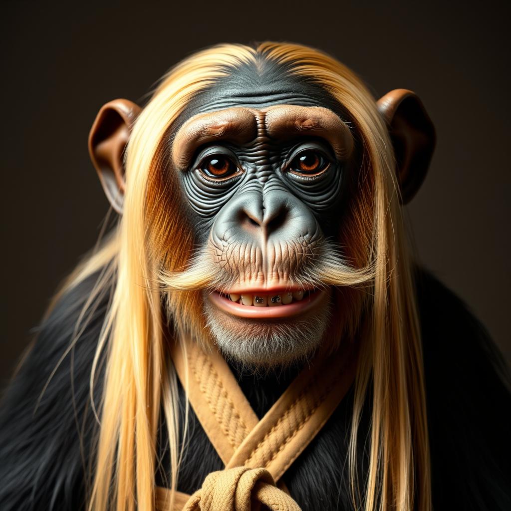 A chimpanzee with a young boy's face, featuring long, straight blonde hair that reaches the shoulders, thick eyebrows, and wearing braces on its teeth