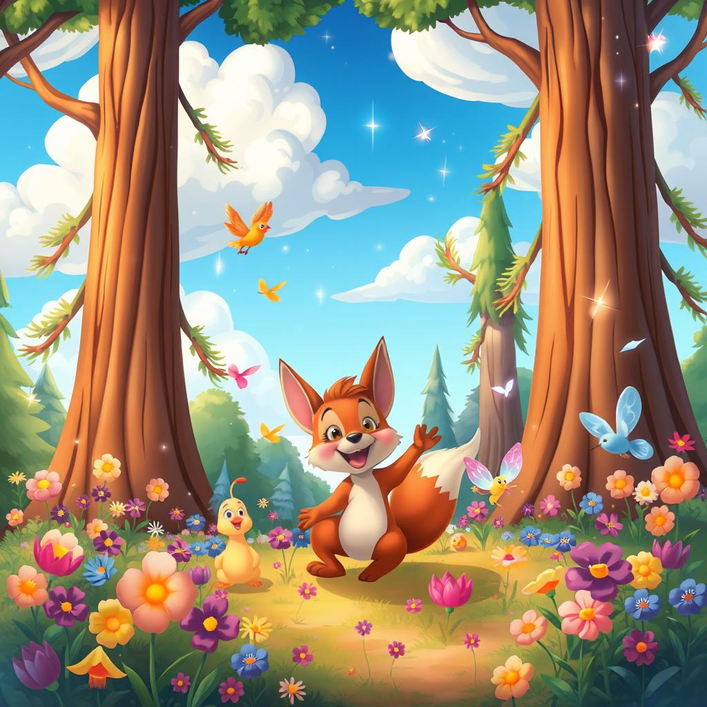 A vibrant Disney-style cartoon scene featuring a whimsical enchanted forest filled with colorful flowers and sparkling lights