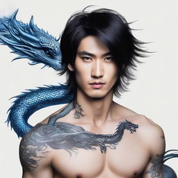 Ethereal and handsome Asian male with deep black hair, entrancing blue eyes, and a detailed dragon tattoo trailing from the left side of his neck down to his chest.