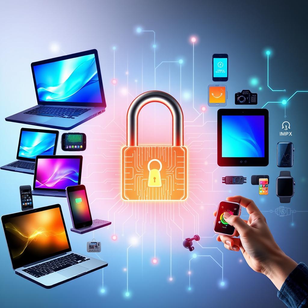 A vibrant collage showcasing a variety of everyday digital tools such as laptops, smartphones, tablets, and smartwatches, all interconnected by digital lines and glowing circuits