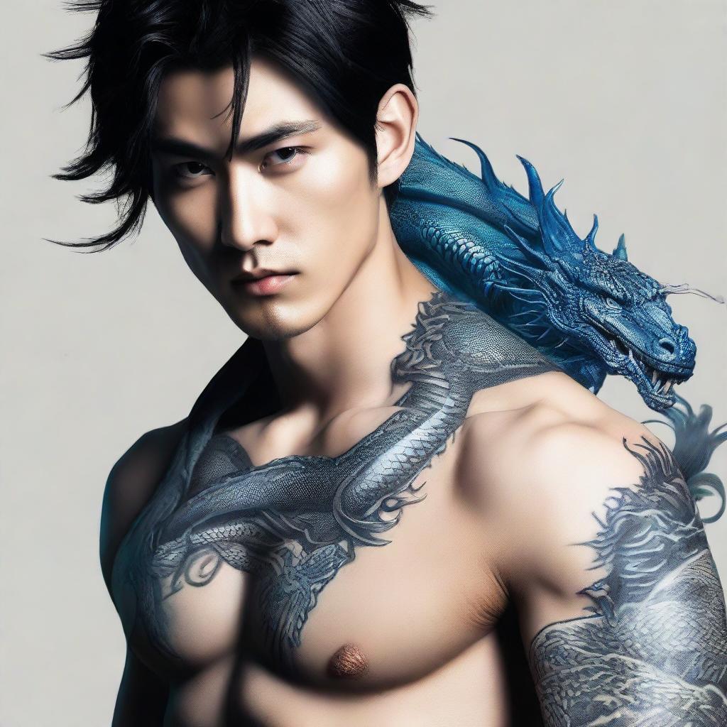 Ethereal and handsome Asian male with deep black hair, entrancing blue eyes, and a detailed dragon tattoo trailing from the left side of his neck down to his chest.