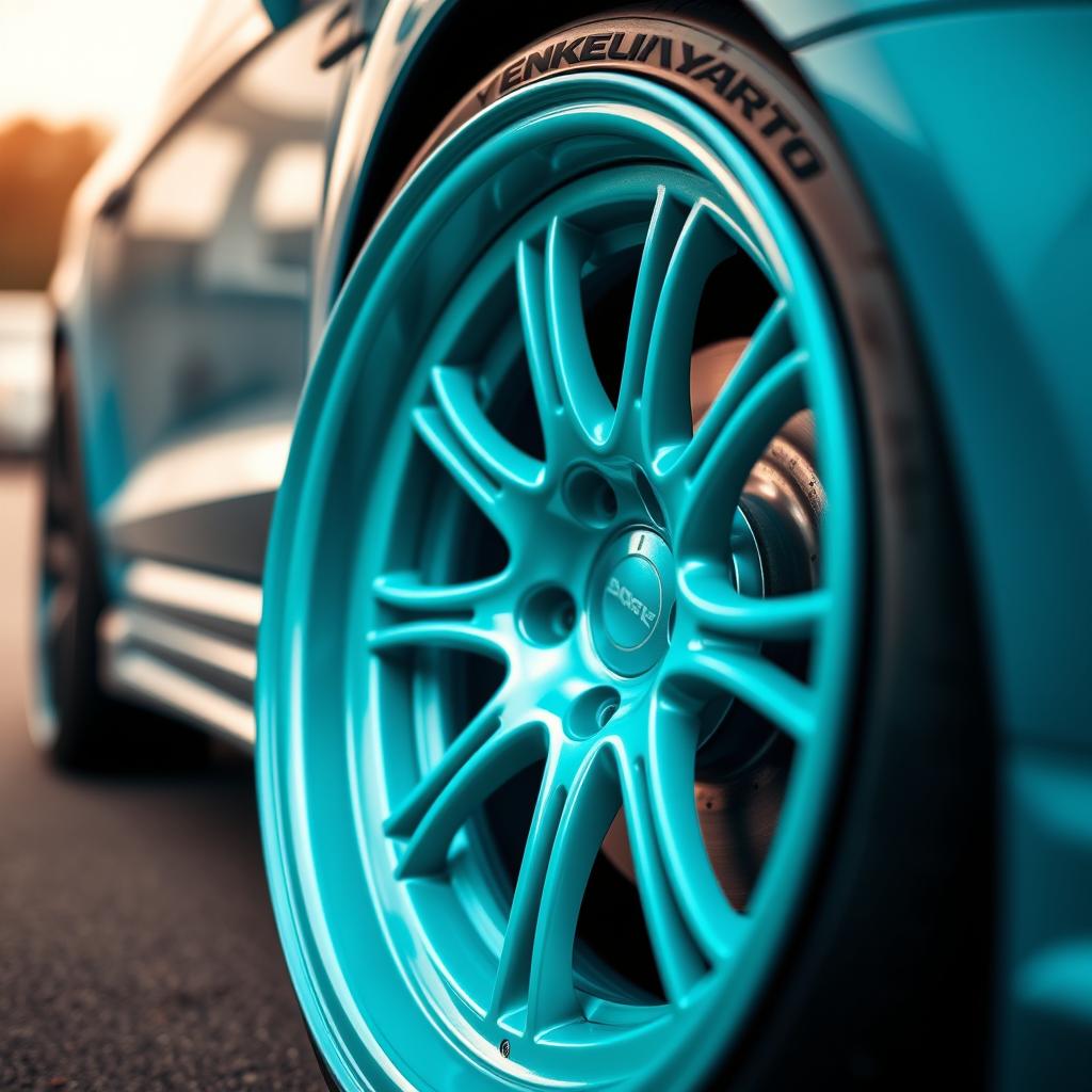 A stunning close-up of Enkei Yamato wheels, vividly painted in a bright turquoise color