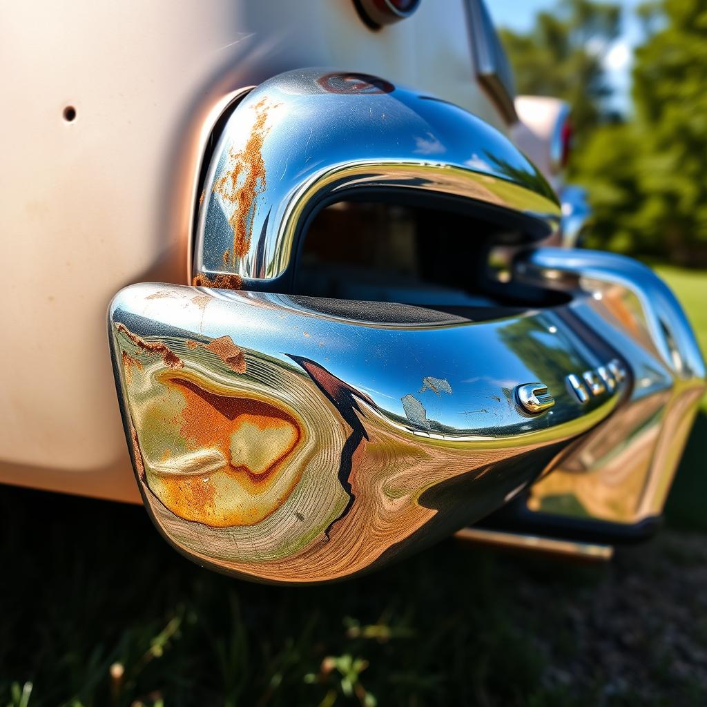 A detailed, close-up view of a classic car crash bumper