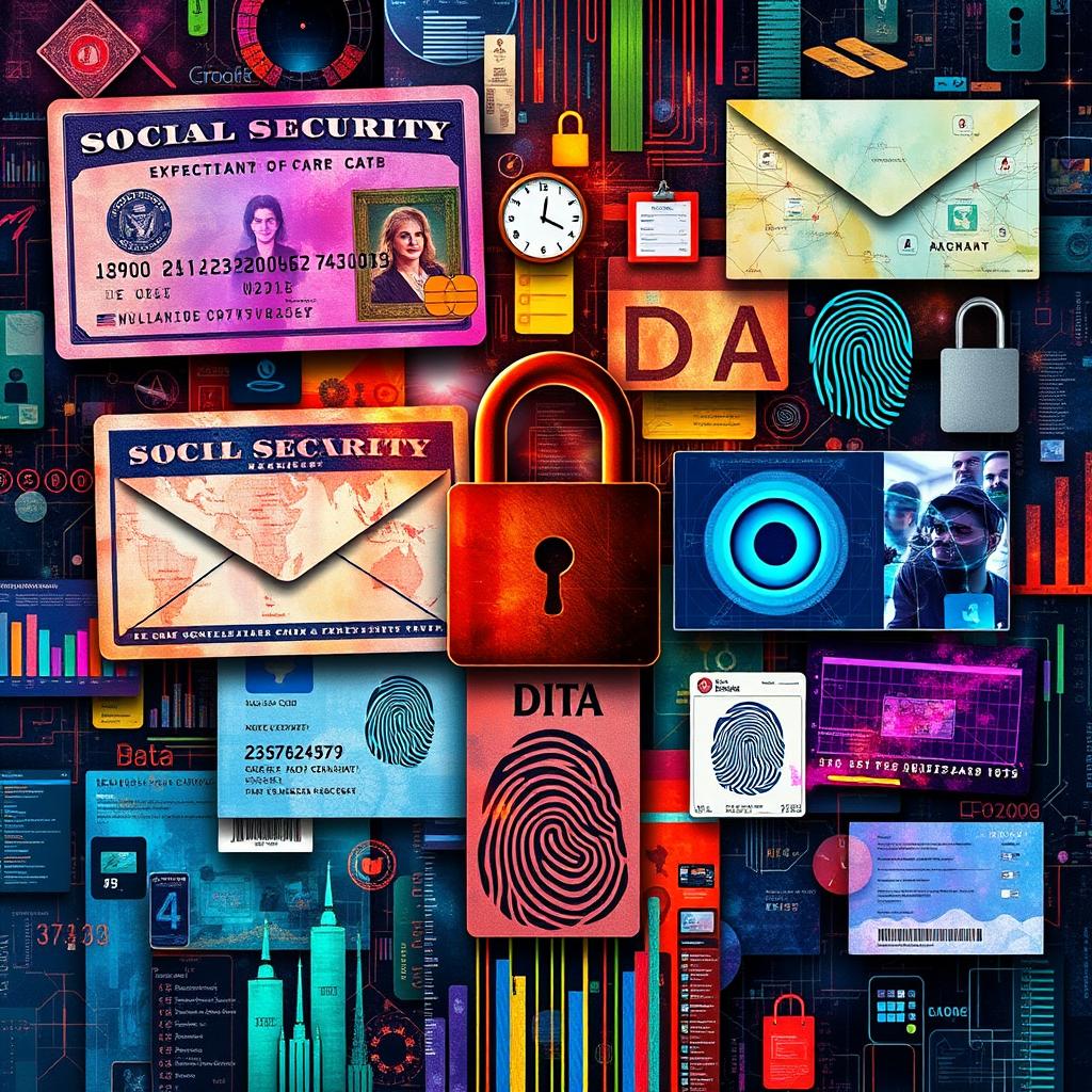 An intricate collage representing various types of personal data, featuring elements like a social security card, credit card details, email inbox, biometric data imagery (fingerprint and iris scan), health records, and online shopping history