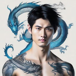 Ethereal and handsome Asian male with deep black hair, entrancing blue eyes, and a detailed dragon tattoo trailing from the left side of his neck down to his chest.