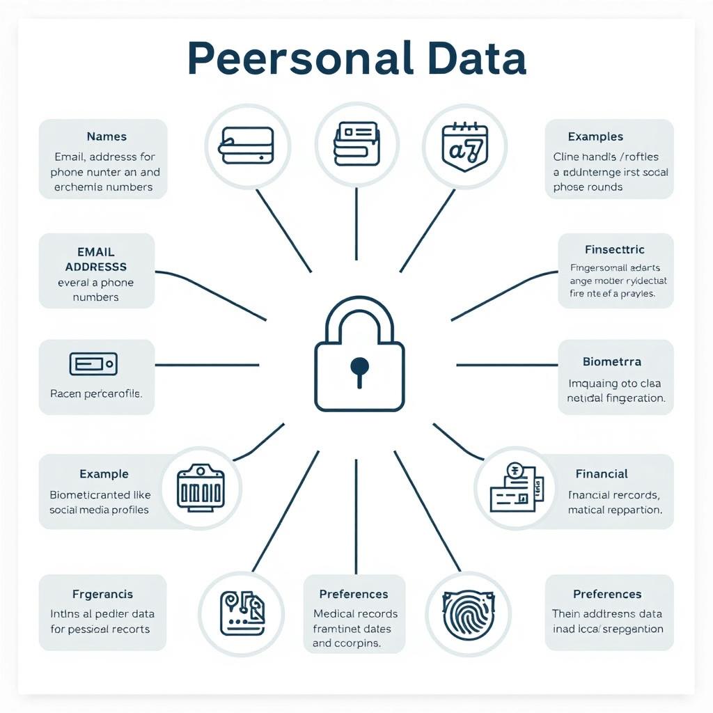 An infographic illustrating various types of personal data, including examples like names, addresses, email addresses, phone numbers, social media profiles, biometric data (like fingerprints), financial information, medical records, and preferences