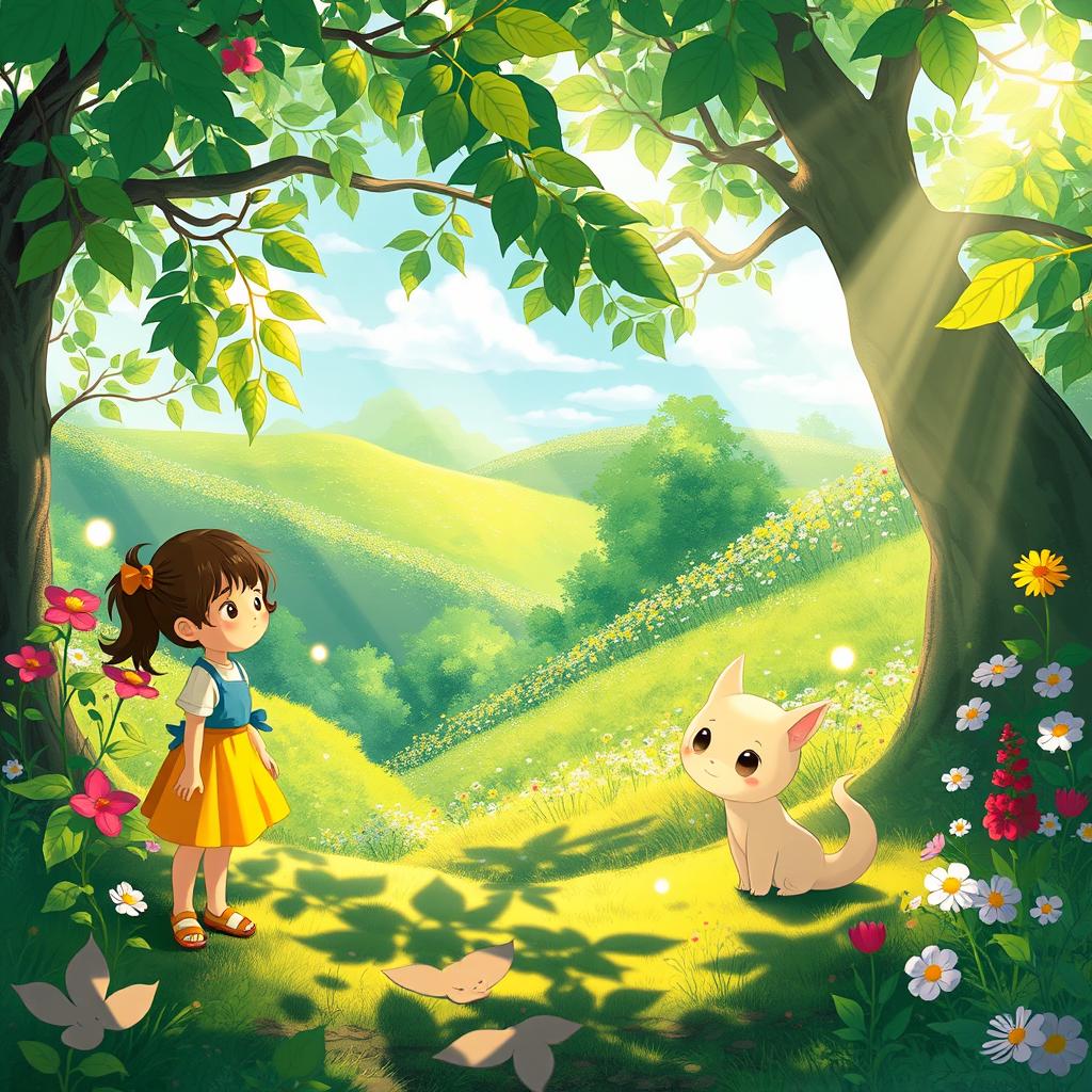 A whimsical scene depicting a lush, magical forest filled with vibrant flora and curious creatures, reminiscent of Studio Ghibli's enchanting animation style