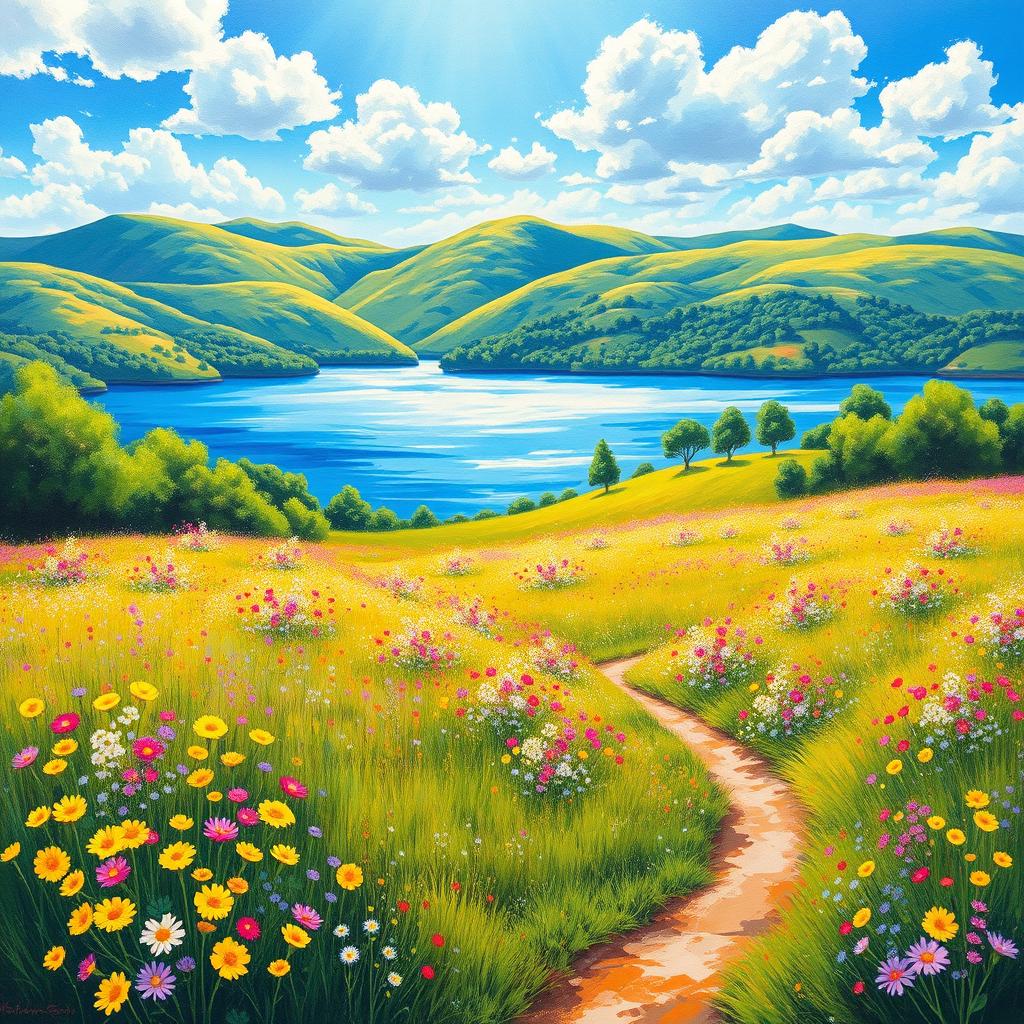 A beautiful impressionist landscape featuring a vibrant field of wildflowers in full bloom, scattered with patches of colorful blossoms in shades of yellow, purple, and pink