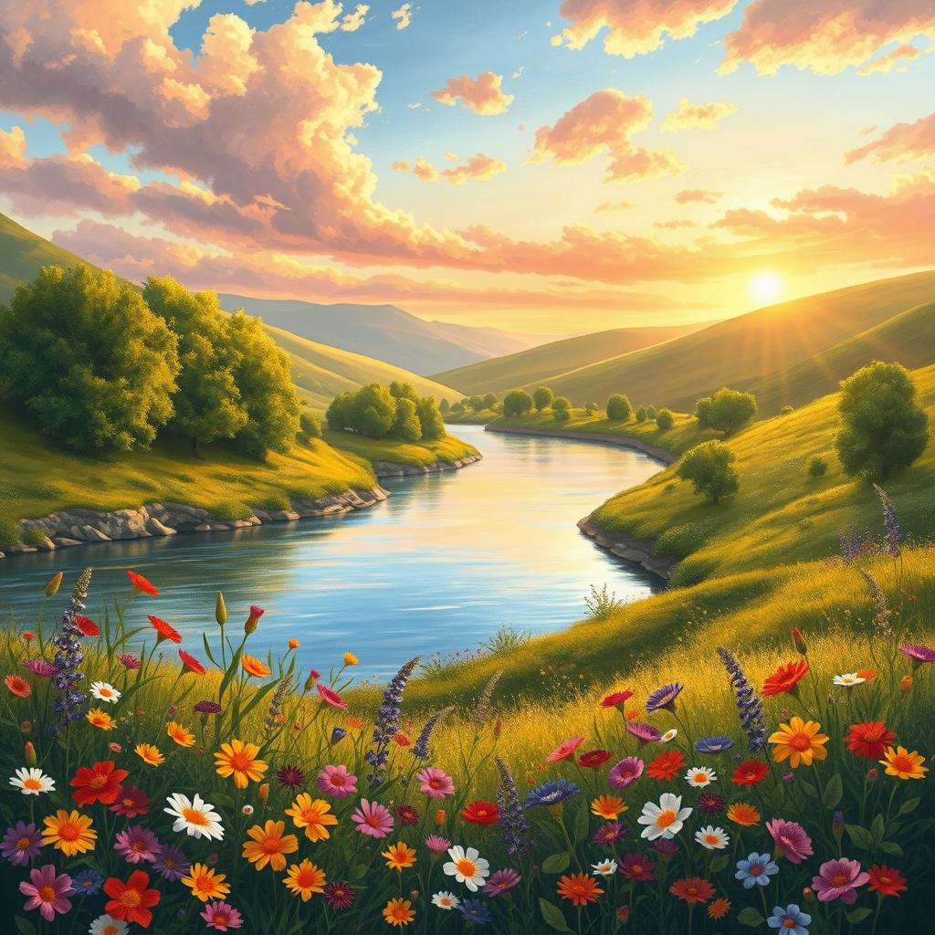 A realistic landscape illustration captured in an impressionist style, showcasing a tranquil river winding through a sunlit valley