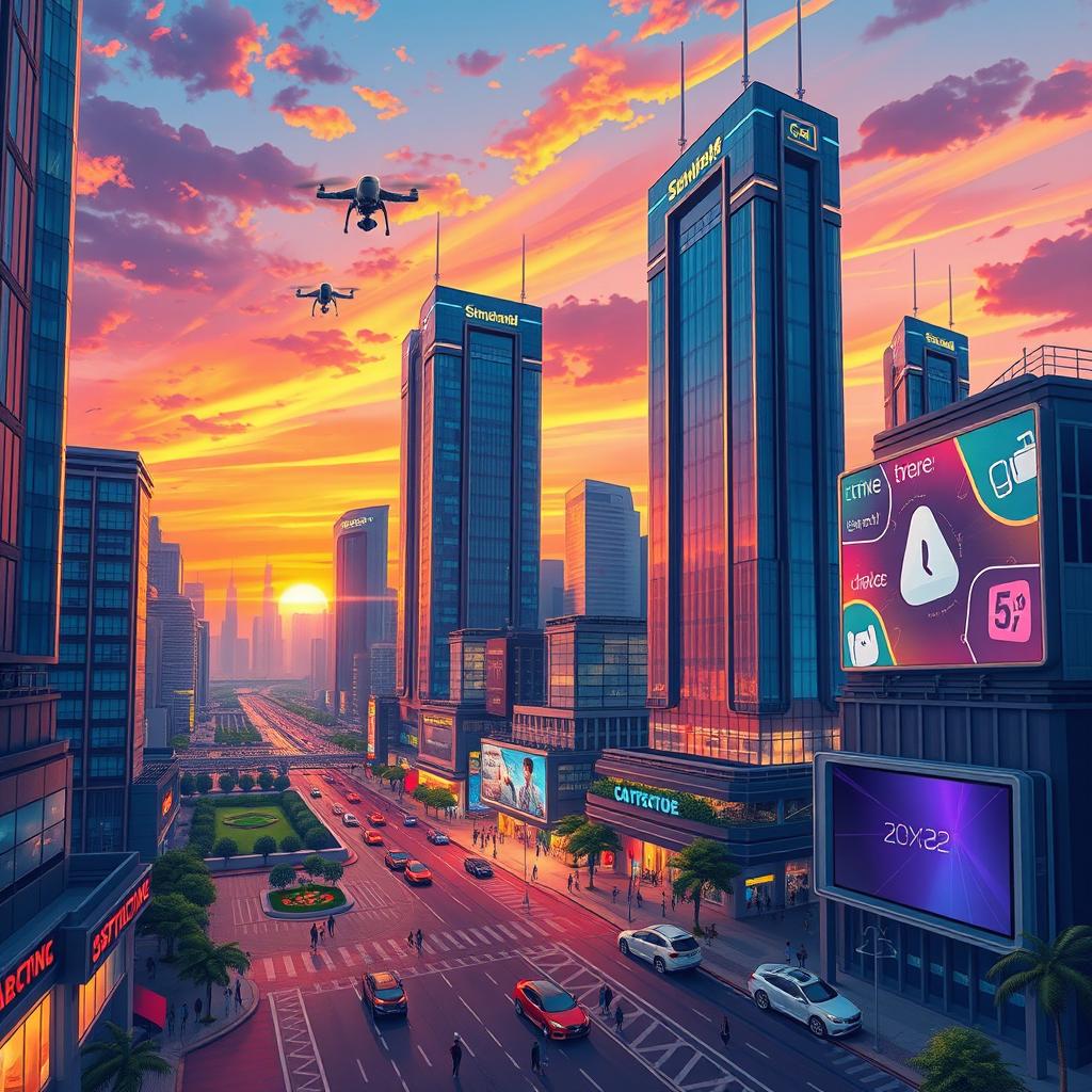 A detailed illustration of a futuristic cityscape at dusk, featuring towering skyscrapers made of glass and steel, amidst a vibrant sunset sky with hues of orange, pink, and purple