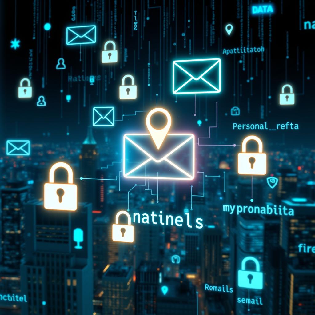 An abstract representation of personal data like location and emails, depicted visually through floating digital elements such as glowing circuit patterns and icons that symbolize data privacy