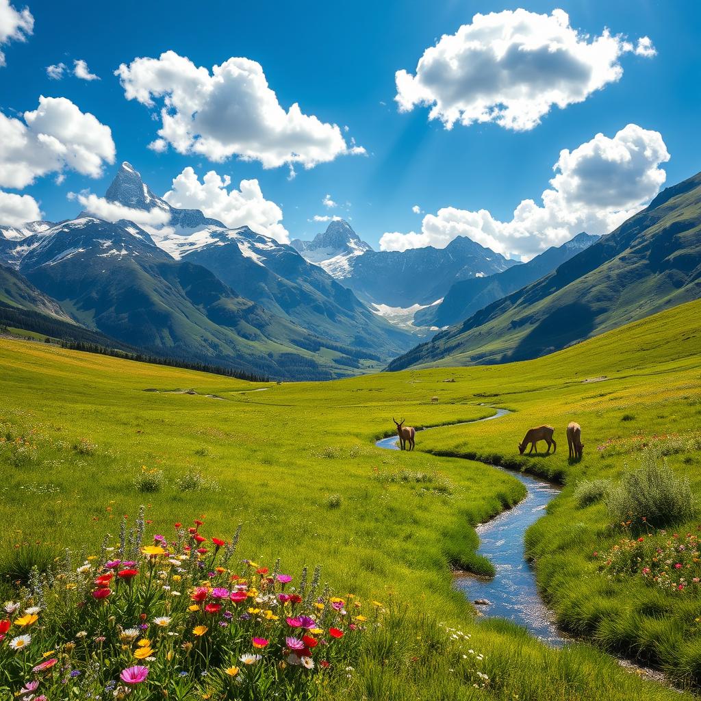 A vibrant and detailed landscape featuring a lush green meadow dotted with colorful wildflowers, under a bright blue sky with fluffy white clouds