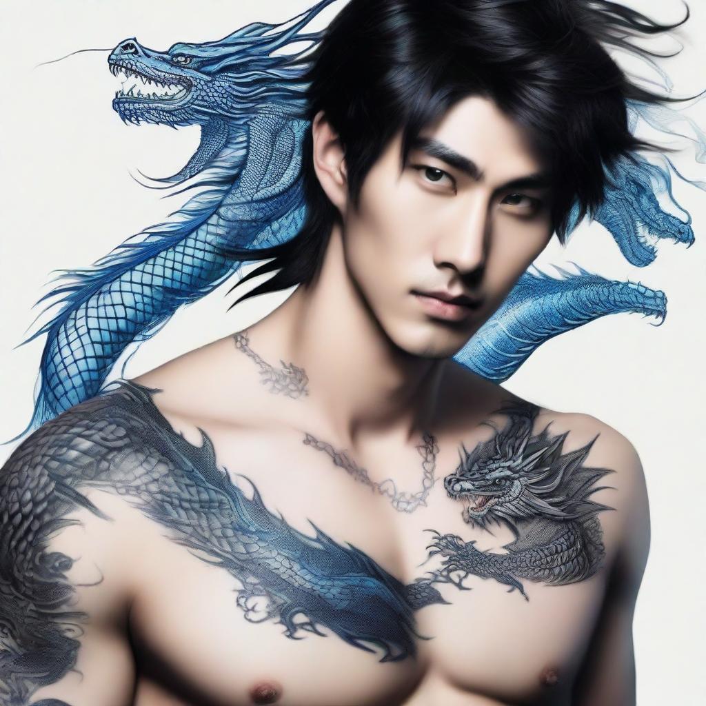 Ethereal and handsome Asian male with deep black hair, entrancing blue eyes, and a detailed dragon tattoo trailing from the left side of his neck down to his chest.