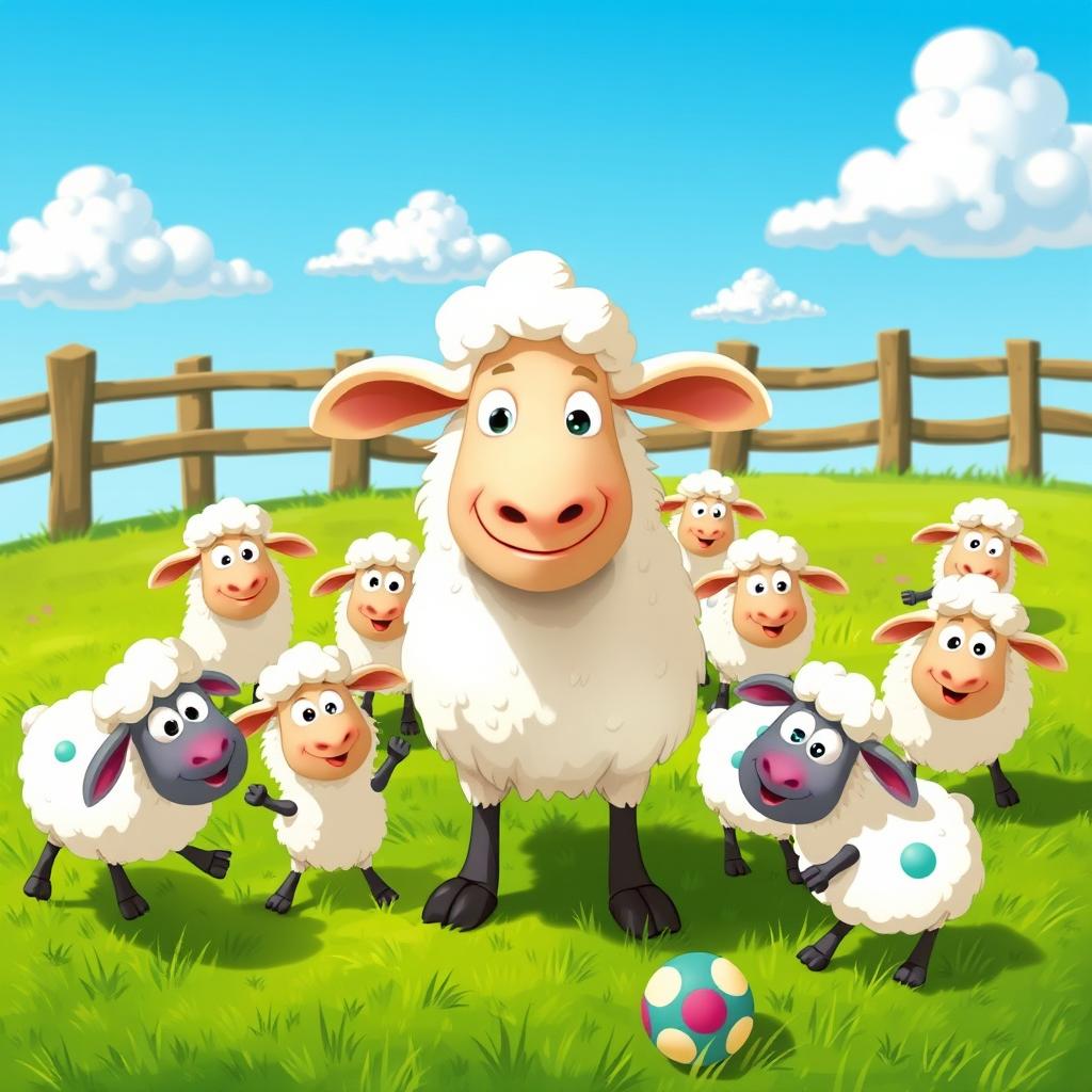 A playful and humorous scene featuring a group of cartoon sheep in the style of 'Shaun the Sheep'