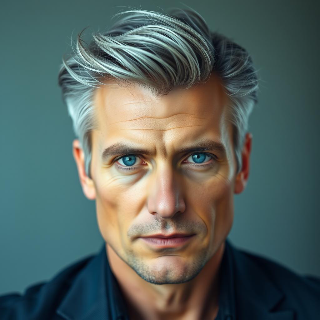A portrait of a handsome man with striking gray hair, showcasing his distinguished features and a confident expression