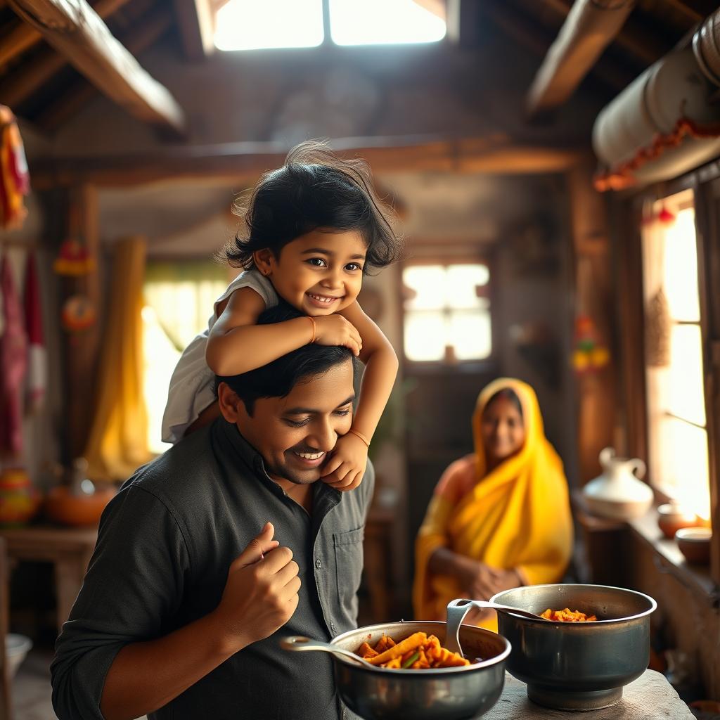 A small, cute Indian girl with fair skin, sitting joyfully on her father's shoulders