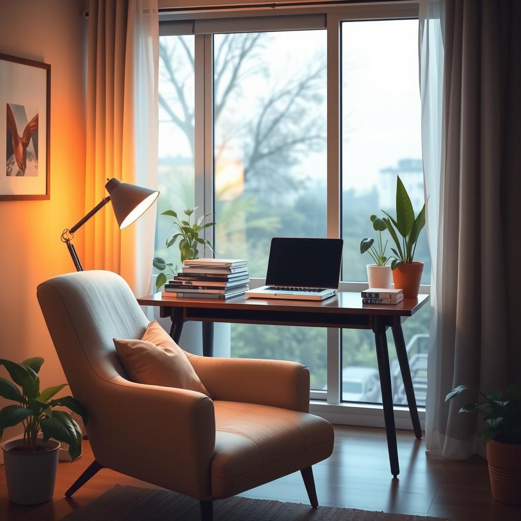 A serene scene illustrating personal privacy, depicting a cozy home office with soft natural light streaming through a window, a stylish desk cluttered with books and a laptop, and potted plants adorning the space