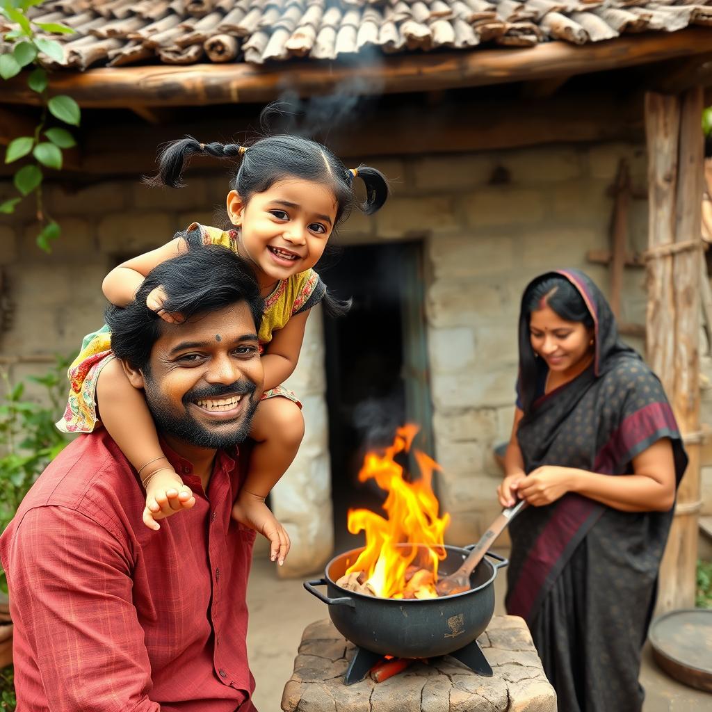 A small, fair skinned, cute Indian girl sitting happily on her father's shoulders, joyfully watching her mother cook over a traditional wood fire in their charming rural Indian village house