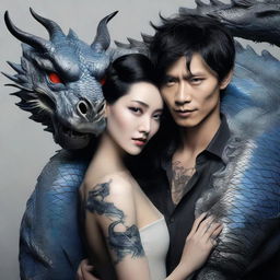 Add a stunning woman with porcelain skin, elegantly holding the previously created ethereal Asian male with black hair, blue eyes, and the dragon tattoo. 