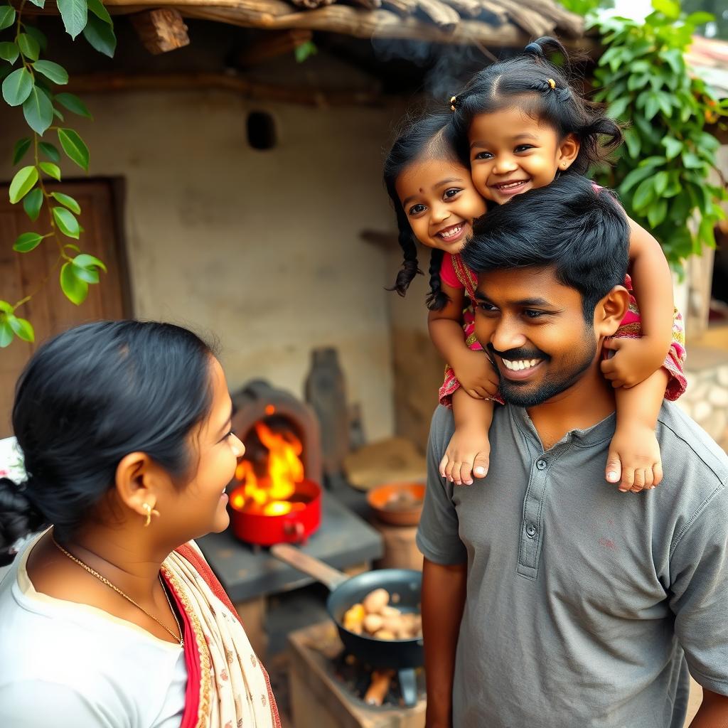 A small, fair skinned, cute Indian girl sitting happily on her father's shoulders, joyfully watching her mother cook over a traditional wood fire in their charming rural Indian village house