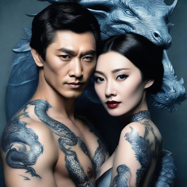 Add a stunning woman with porcelain skin, elegantly holding the previously created ethereal Asian male with black hair, blue eyes, and the dragon tattoo. 