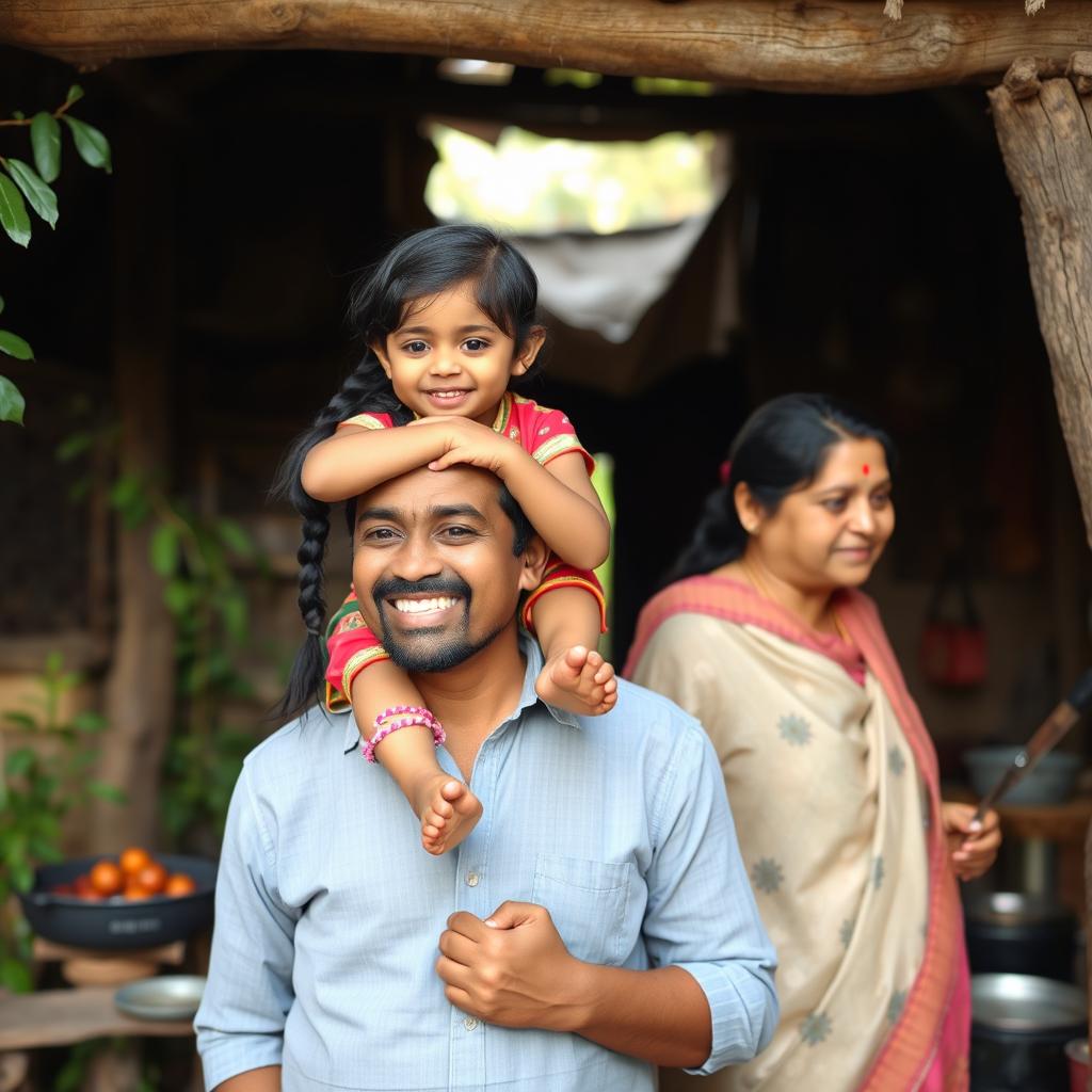 A fair skinned, cute Indian girl, about 10 years old, sitting joyfully on her father's shoulders, watching her mother cook over a traditional wood fire in their cozy rural Indian village house