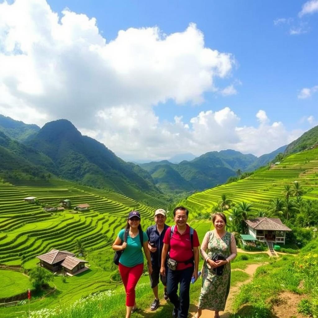A scenic view of Vietnam showcasing lush green mountains and rice terraces, with trekking guides leading tourists through a vibrant landscape