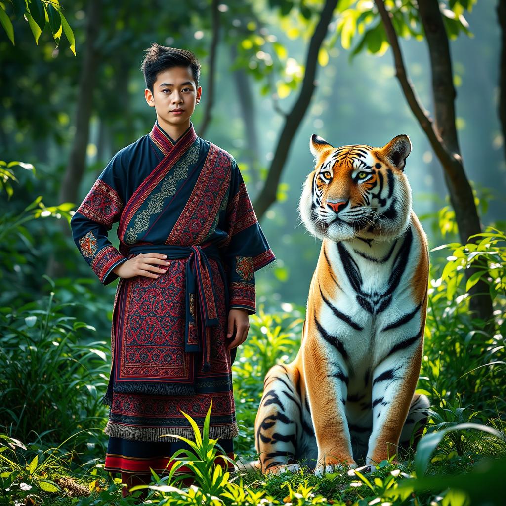 A Mien guy with traditional H'mong attire, standing confidently in a lush green forest, with a majestic tiger beside him