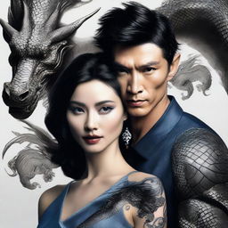 Add a stunning woman with porcelain skin, elegantly holding the previously created ethereal Asian male with black hair, blue eyes, and the dragon tattoo. 