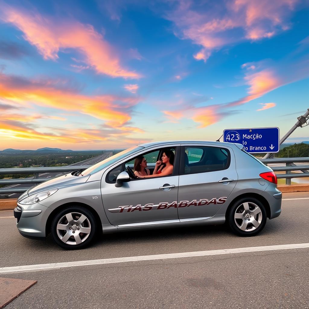 A silver gray 2005 Peugeot 308 parked on the bridge of the A23 highway, with signs nearby indicating 'Mação' and 'Castelo Branco'
