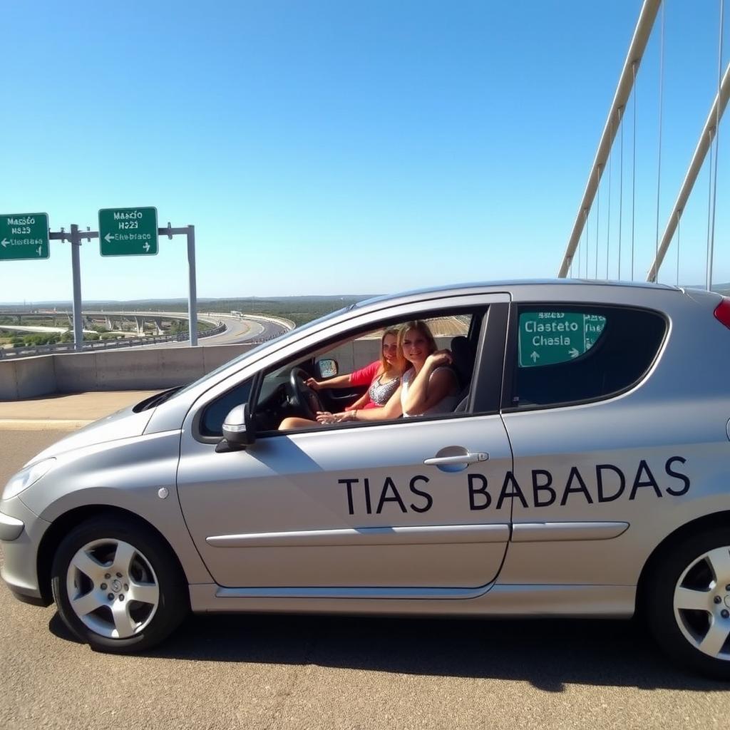 A 2005 gray silver Peugeot 308 parked on the A23 highway bridge, with clear road signs showing 'Mação' and 'Castelo Branco'