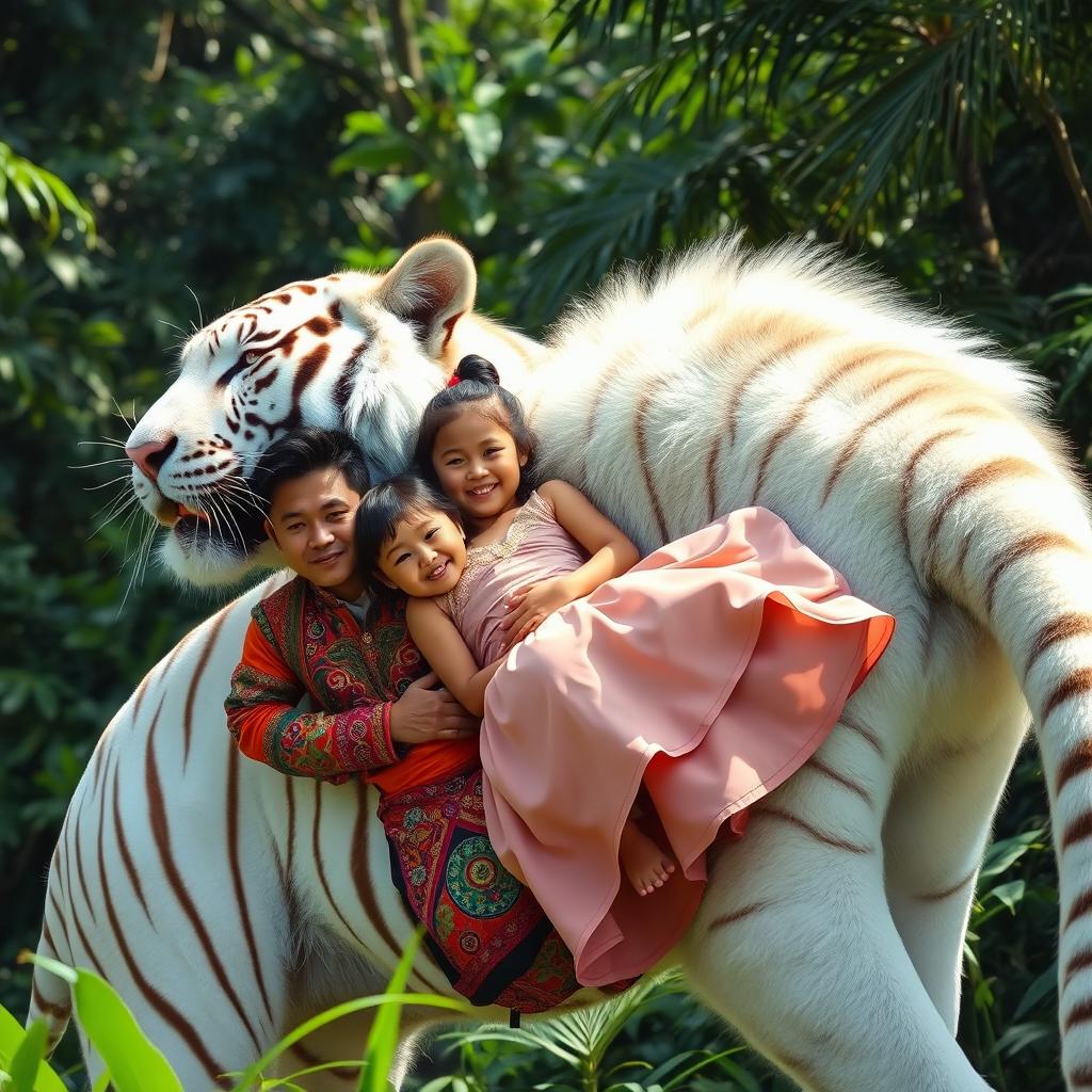 A H'Mong young man and a girl lying on the back of a majestic white tiger, showcasing an adventurous and mystical atmosphere