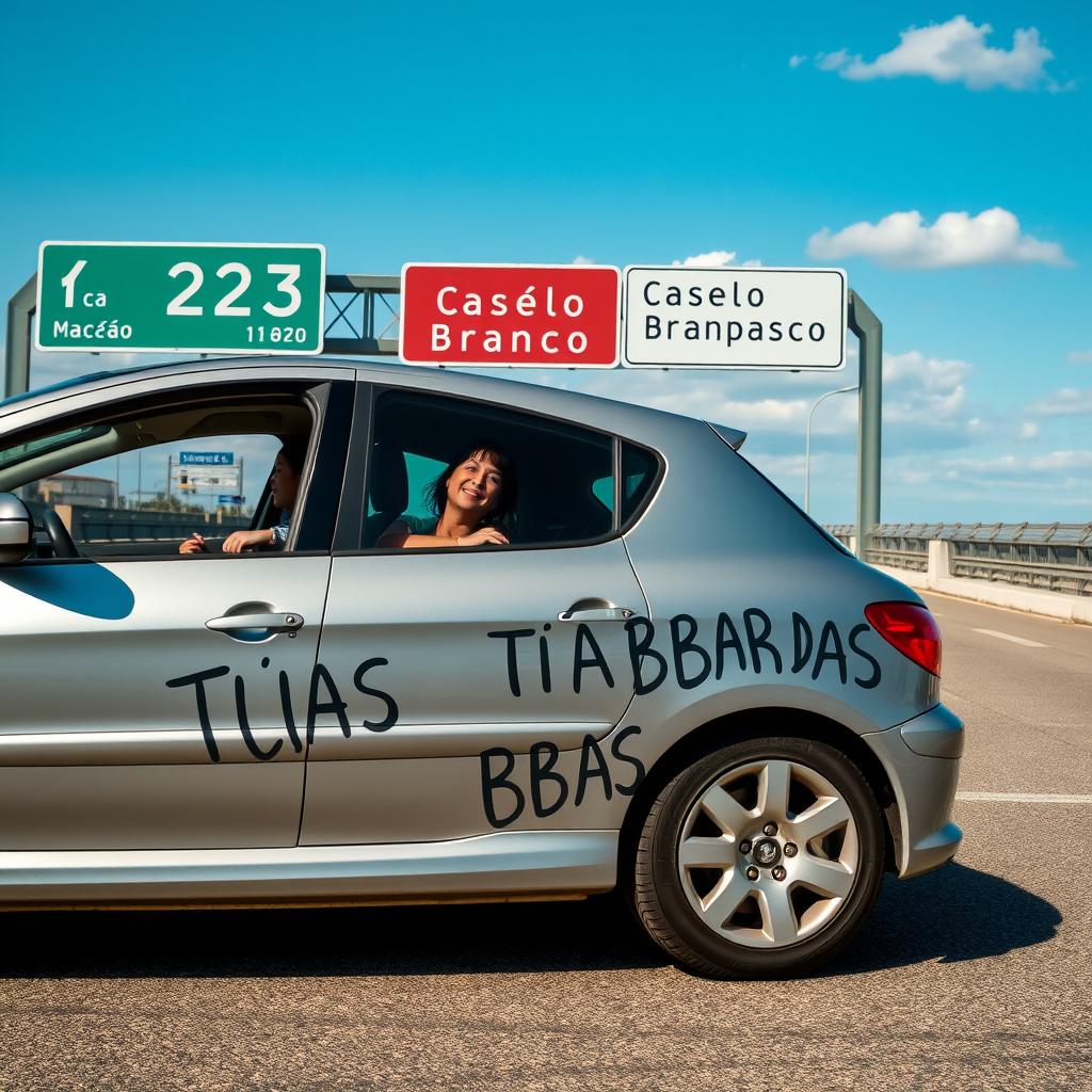 A silver gray 2005 Peugeot 308 parked on the A23 highway bridge, with road signs indicating 'Mação' and 'Castelo Branco' prominently displayed in the background
