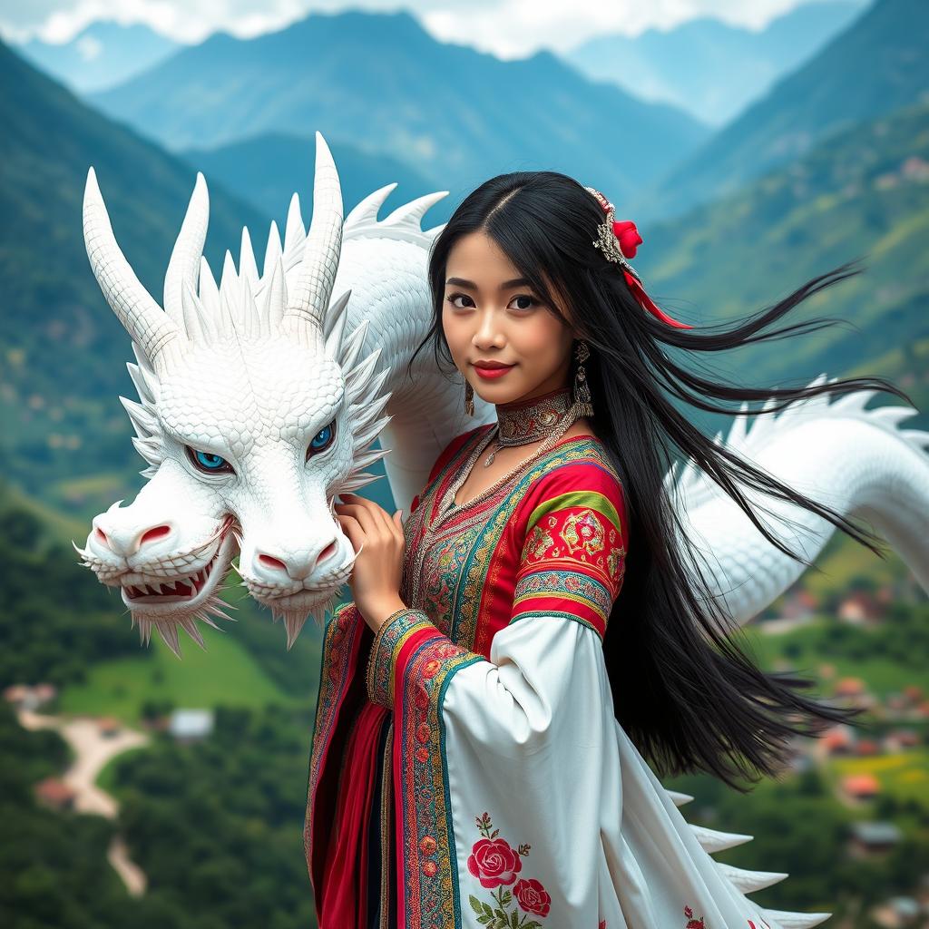 A beautiful H'mong girl wearing traditional colorful attire, standing gracefully beside a majestic white dragon