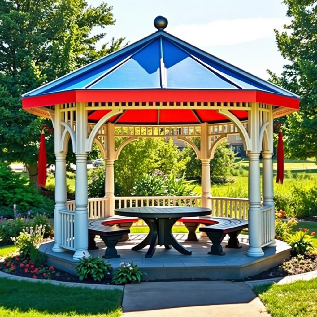 A student gazebo designed as a graduation cap, featuring a roof that resembles a graduation mortarboard