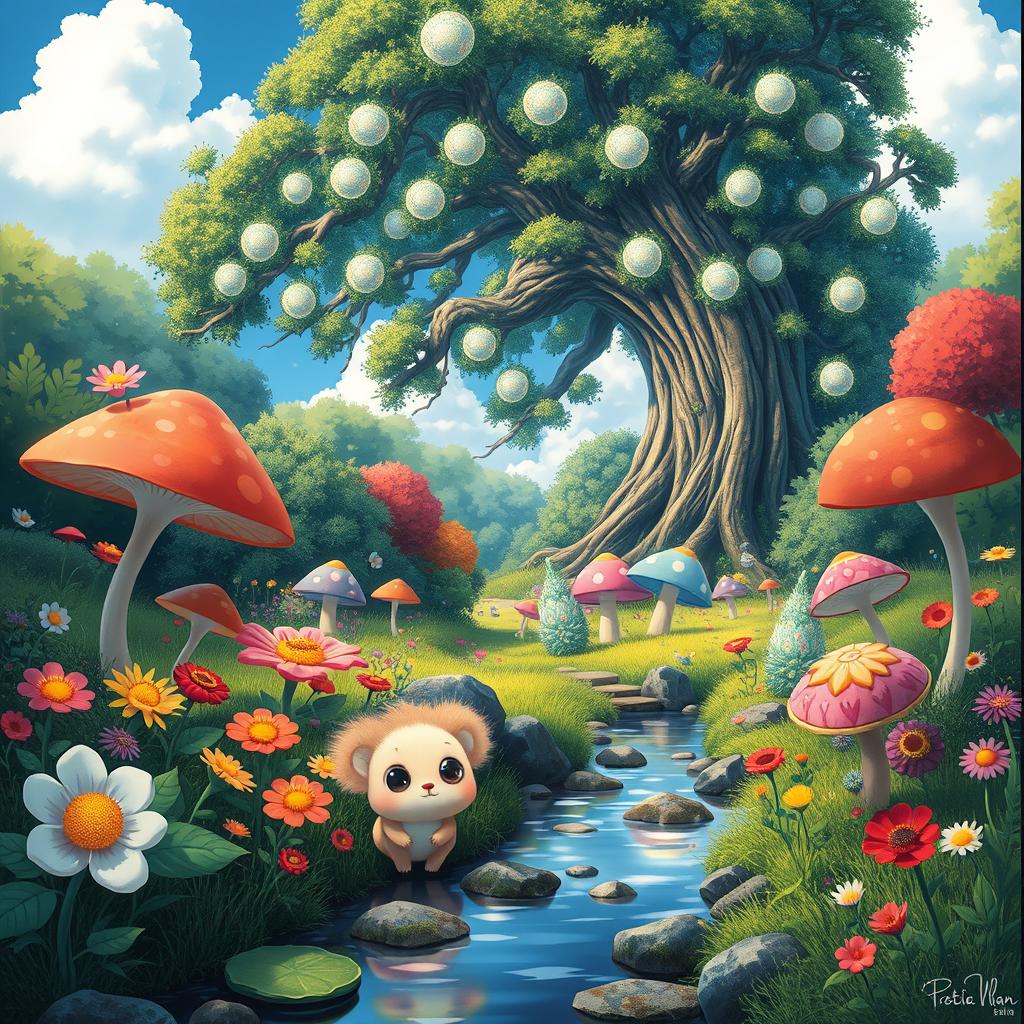 A lush, whimsical forest scene filled with vibrant colors and fantastical creatures in the style of Studio Ghibli