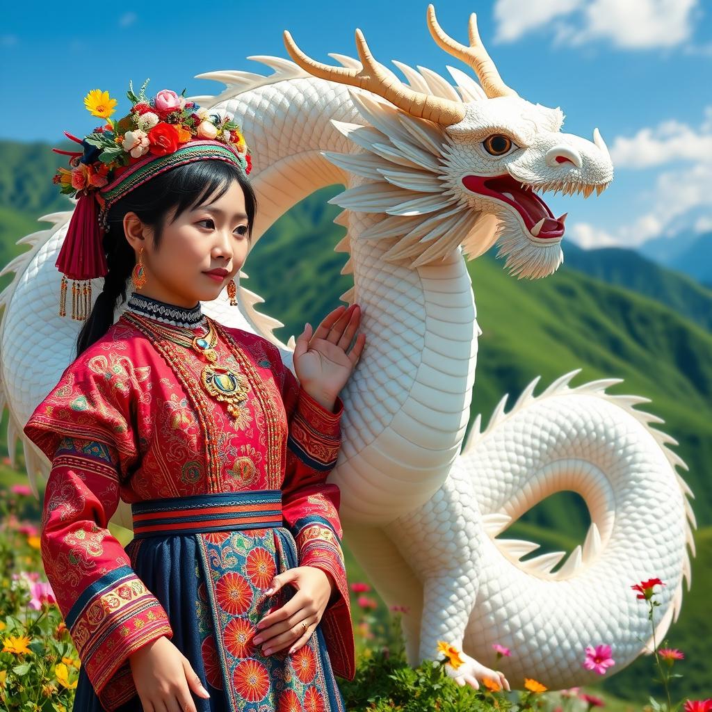 A beautiful H'mong girl wearing traditional colorful attire, adorned with intricate patterns and jewelry, standing gracefully beside a majestic white Asian dragon