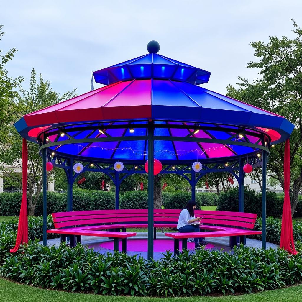 A unique outdoor gazebo designed for students, featuring a roof shaped like a graduation cap