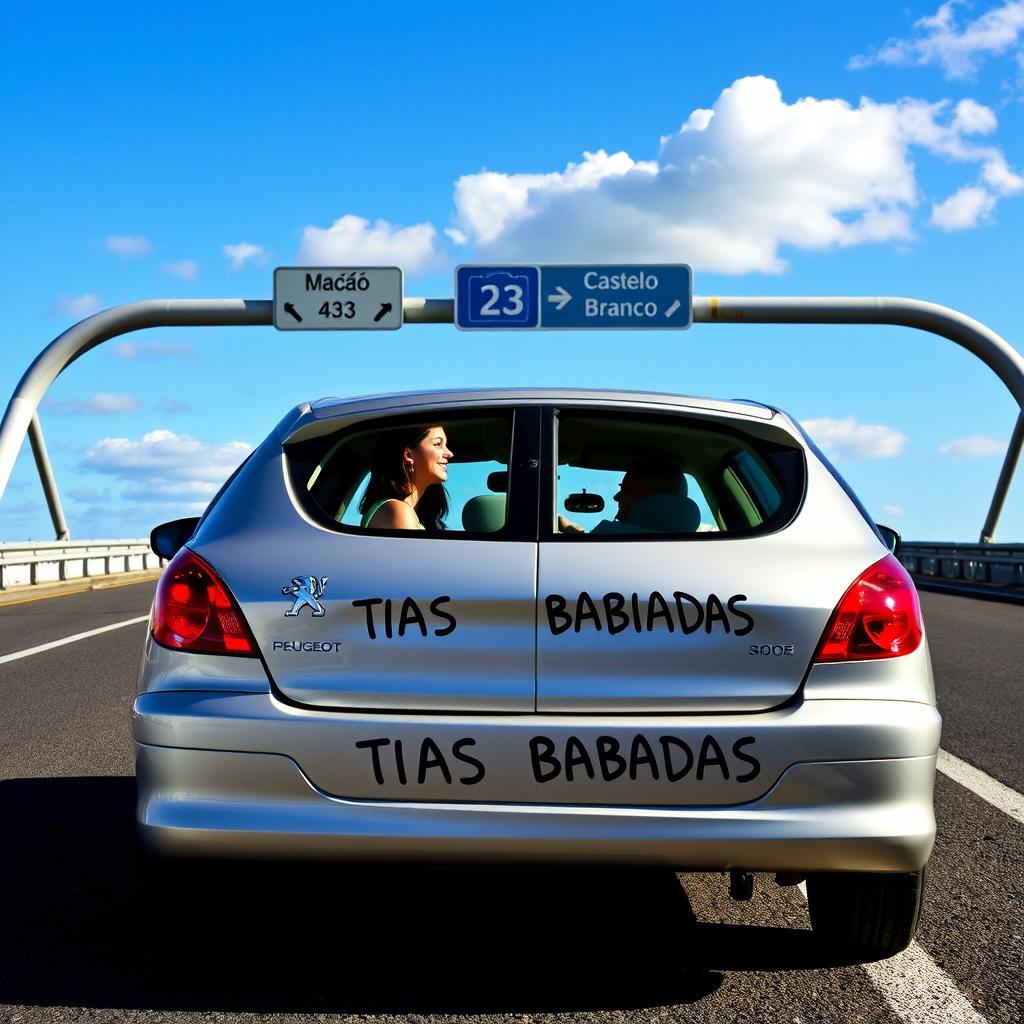 Um Peugeot 308 de cor cinza prata do ano 2005 parado em cima da ponte da Autoestrada A23, com placas visíveis indicando 'Mação' e 'Castelo Branco' ao fundo
