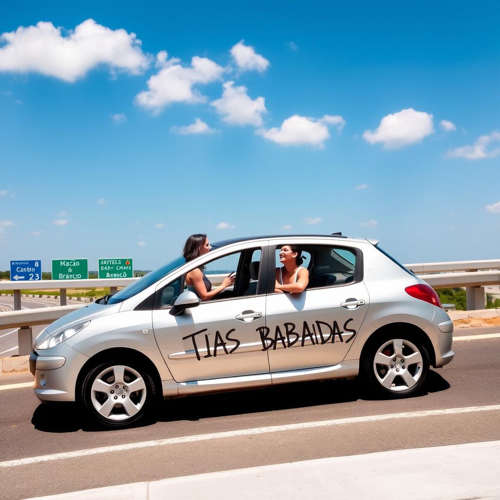 Um Peugeot 308 de cor cinza prata do ano 2005 estacionado em cima da ponte da Autoestrada A23, com placas visíveis dizendo 'Mação' e 'Castelo Branco' ao fundo