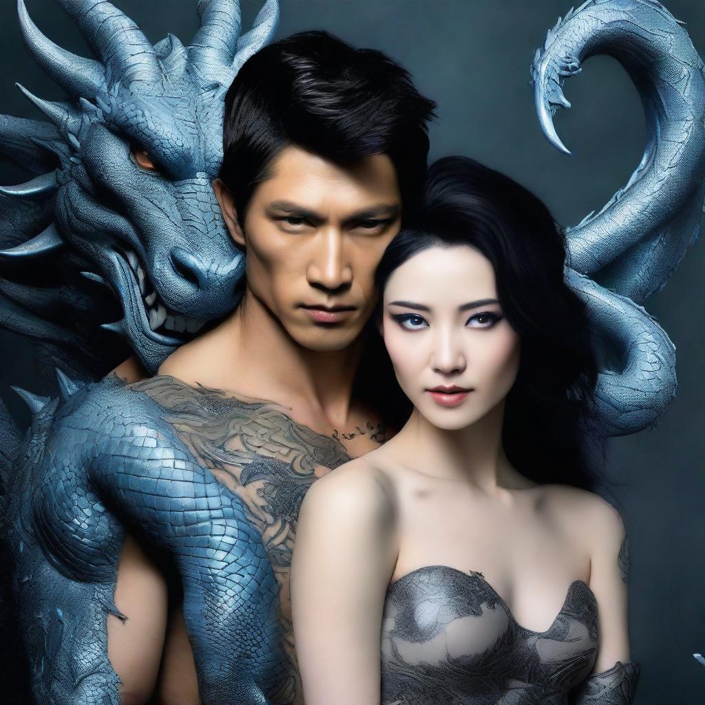 Add a stunning woman with porcelain skin, elegantly holding the previously created ethereal Asian male with black hair, blue eyes, and the dragon tattoo. 