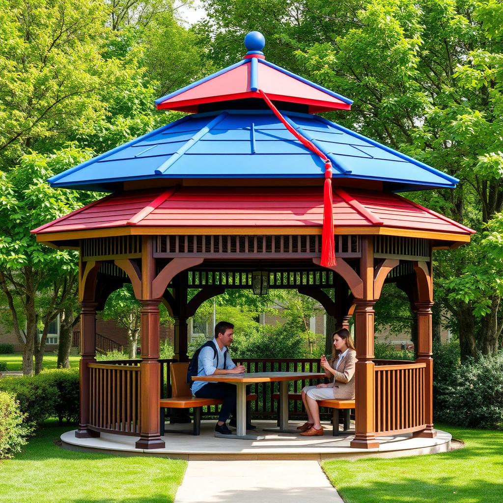 A unique gazebo designed for students, featuring a roof shaped like a graduation cap