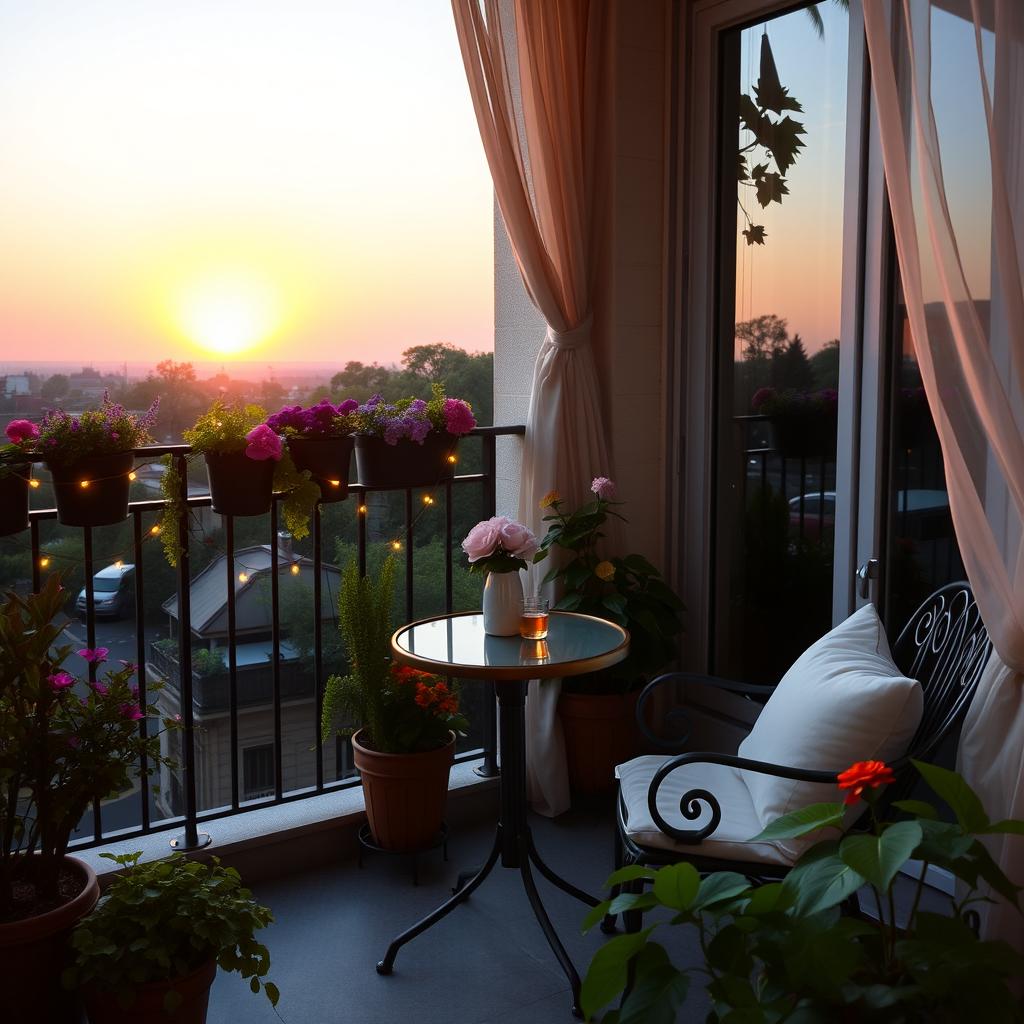A serene balcony scene featuring a cozy setting with lush green plants, a small bistro table with two elegant chairs, and a beautiful view of a sun setting over the horizon