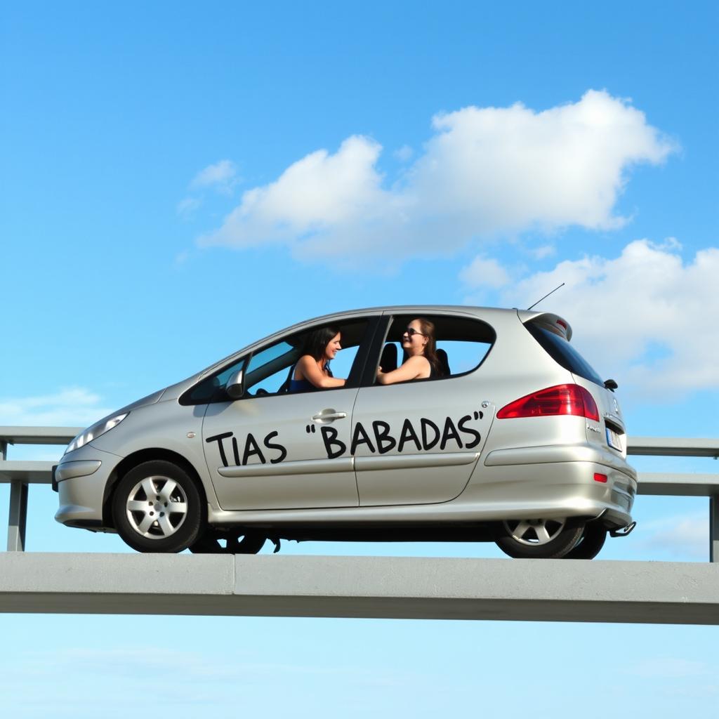 Um Peugeot 308 de cor cinza prata do ano 2005 estacionado em cima da ponte da Autoestrada A23, com placas visíveis a indicar 'Mação' e 'Castelo Branco' ao fundo