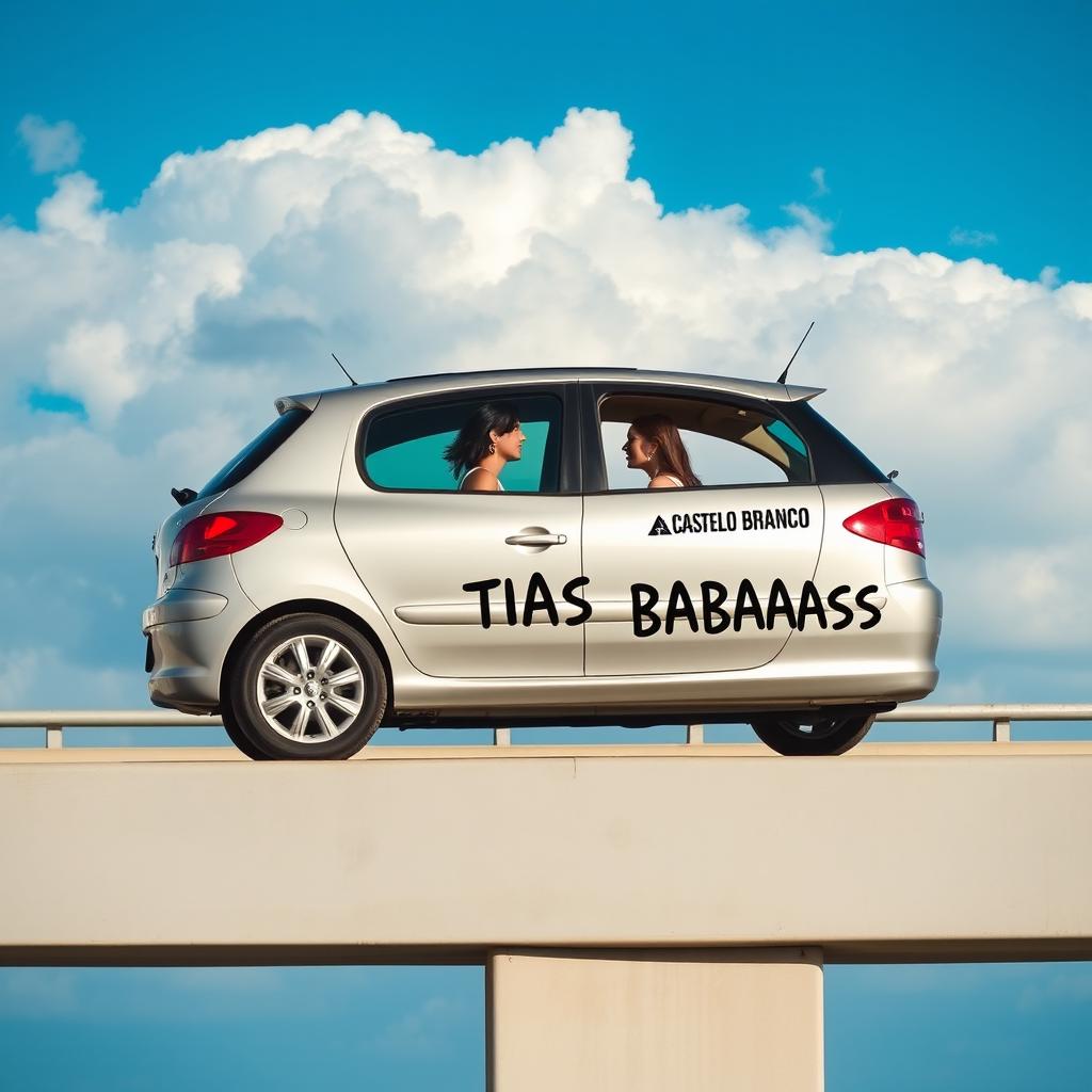 Um Peugeot 308 de cor cinza prata do ano 2005 estacionado em cima da ponte da Autoestrada A23, com placas visíveis indicando 'Mação' e 'Castelo Branco' no fundo