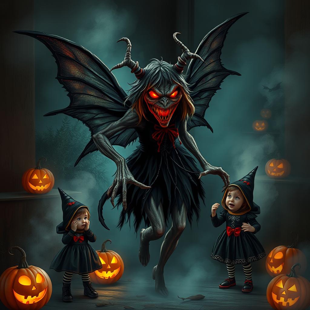 A scary and evil fairy, with dark, tattered wings and a wicked grin, lurking in a shadowy corner during Halloween night